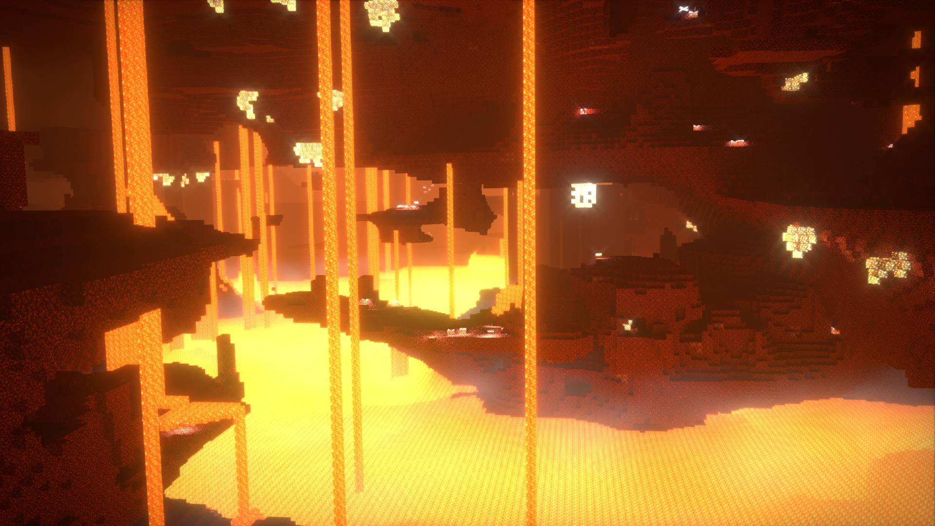 Scenery of the Minecraft Nether dimension. It is mostly like an ingame screenshot, except that the laval is translucent so you can see its depth, and the glowstone actually glows. The lava lake is covered in a layer of thin white smog or mist.